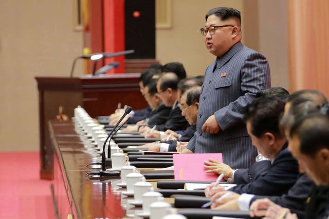 North Korean leader Kim Jong Un addresses a ruling party conference in Pyongyang