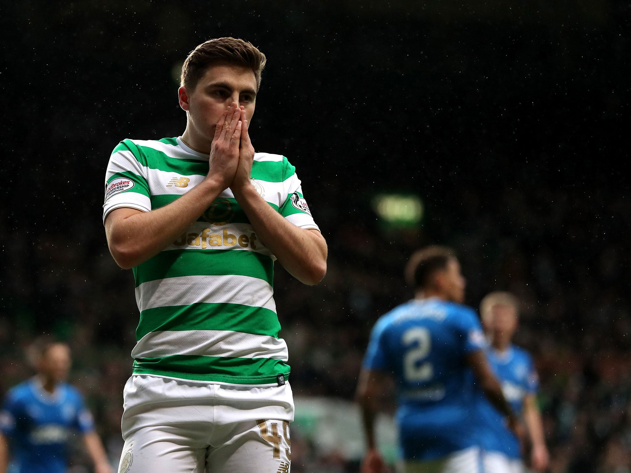 James Forrest reacts after a missed chance on goal