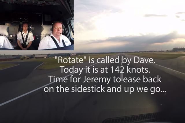 The take-off video is annotated by the captain