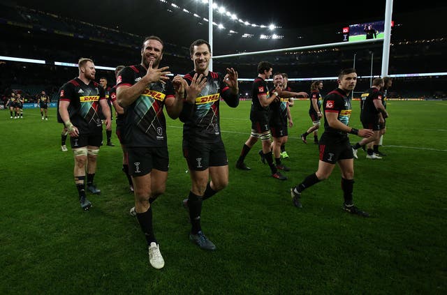 Jamie Roberts, left, and Tim Visser celebrate Quins' win