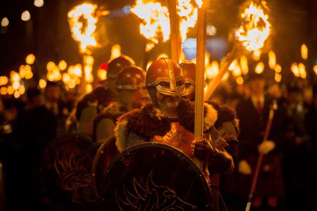  Vikings from Shetland’s Up Helly Aa Festival take part in a torchlight procession 