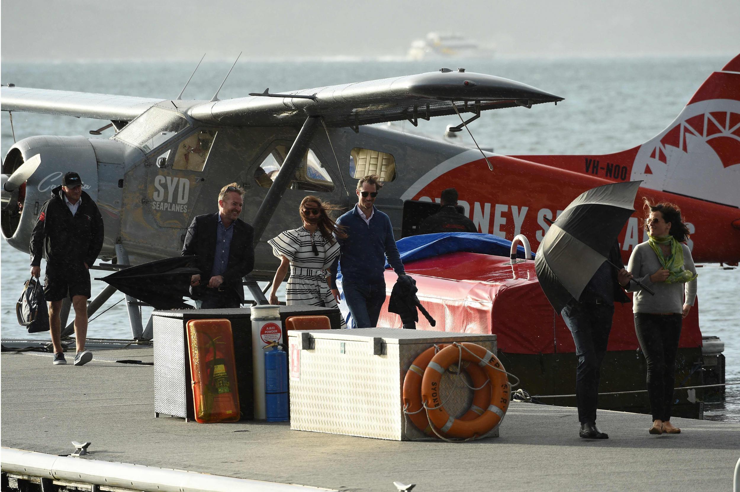 Pippa Middleton and her husband arrive at Rose Bay Wharf in Sydney by a sea plane operated Sydney Seaplanes (AFP/Getty)