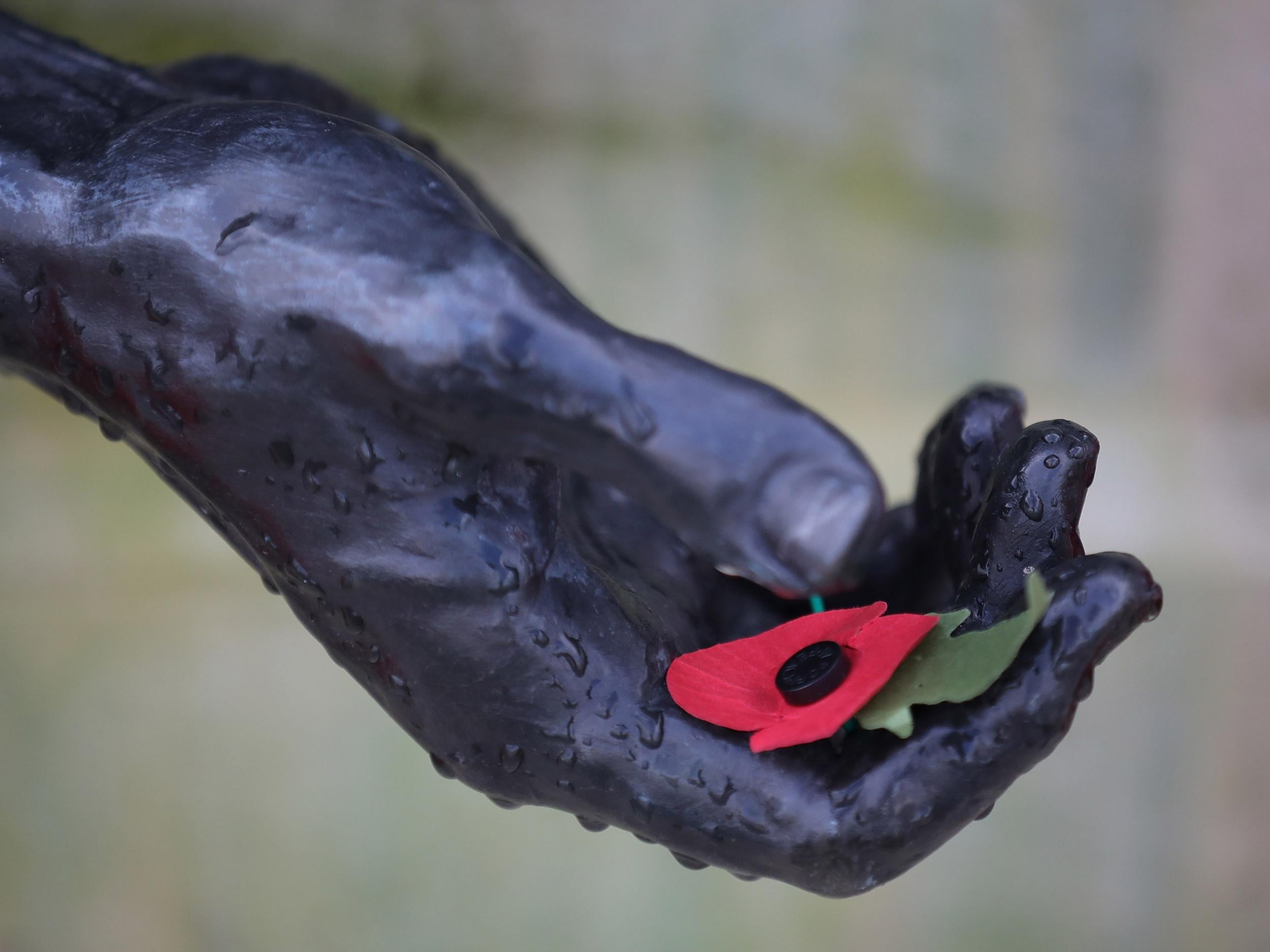 A poppy rests in the hand of a statue during the annual Armistice Day service at the National Memorial Arboretum in Staffordshire