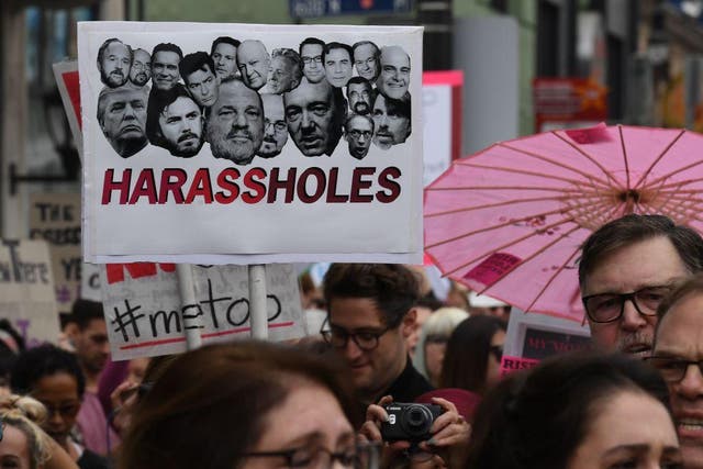 Victims of sexual harassment, sexual assault, sexual abuse and their supporters protest during a #MeToo march in Hollywood, California on 12 November, 2017