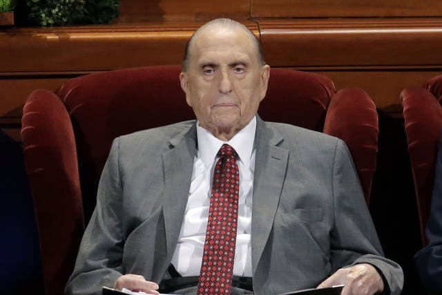 Thomas Monson, president of the Church of Jesus Christ of Latter-day Saints, is pictured at the two-day Mormon church conference in Salt Lake City
