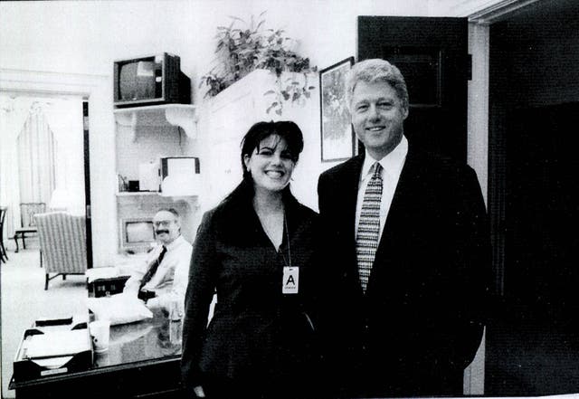 Former White House intern Monica Lewinsky meeting President Bill Clinton at a White House function in 1995
