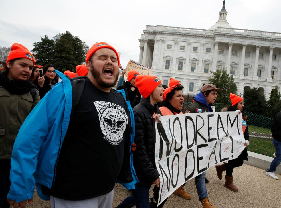 Protesters who call for an immigration bill addressing the so-called Dreamers, young adults who were brought to the United States as children, rally on Capitol Hill