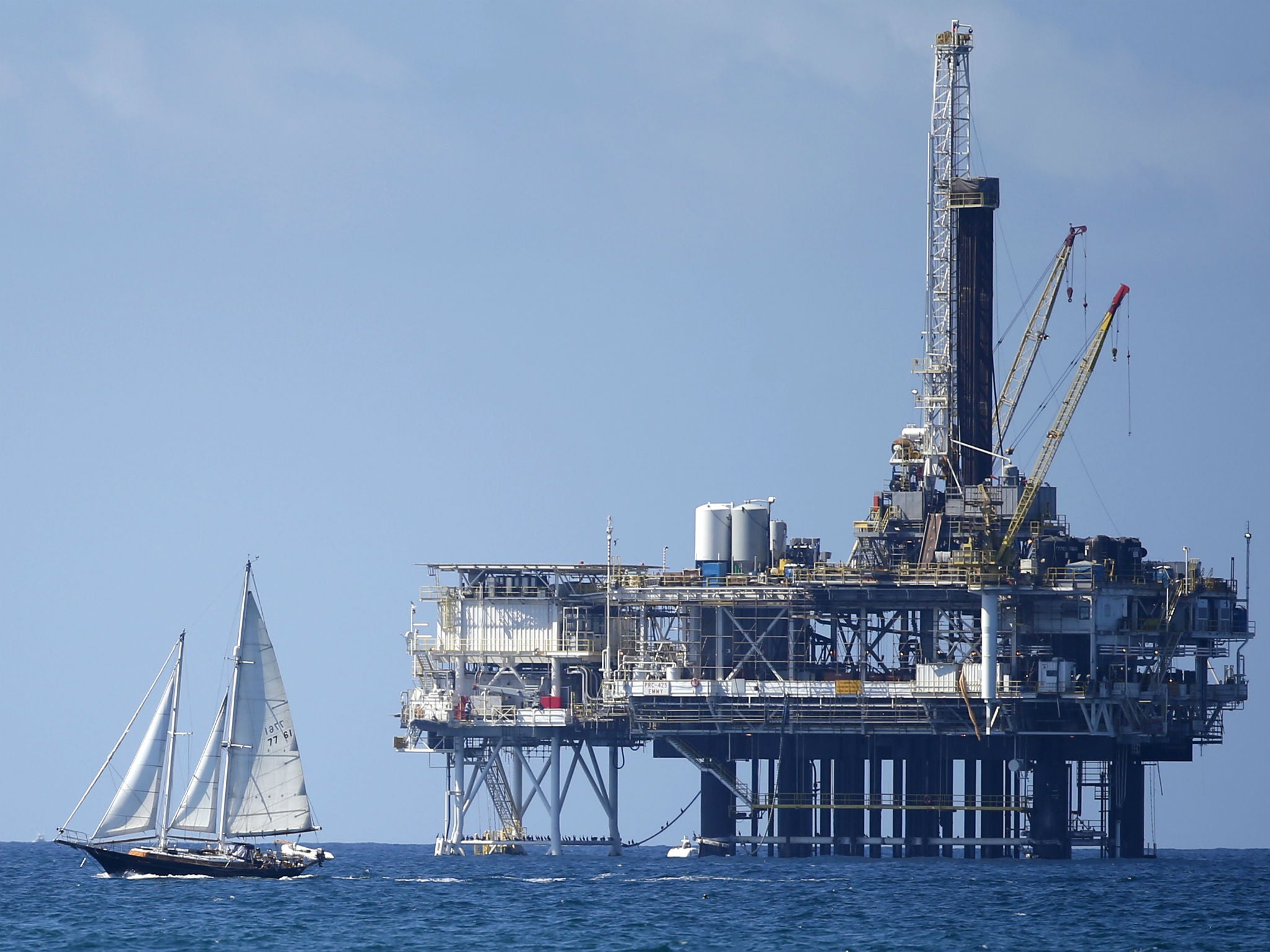An offshore oil platform is seen in Huntington Beach, California
