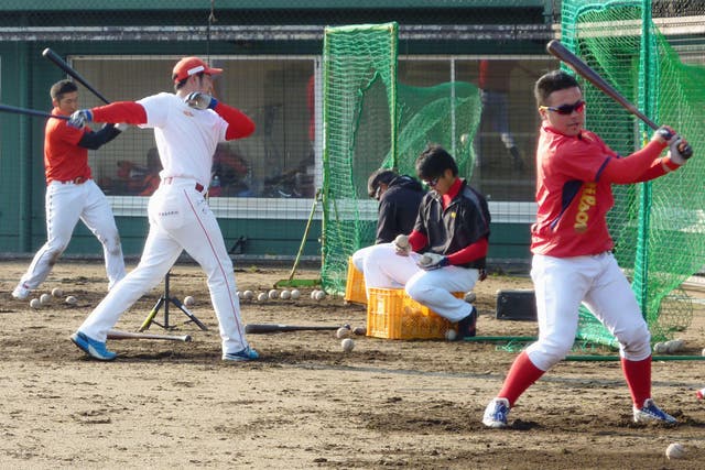 Fukushima Hopes at batting practice during a preseason camp