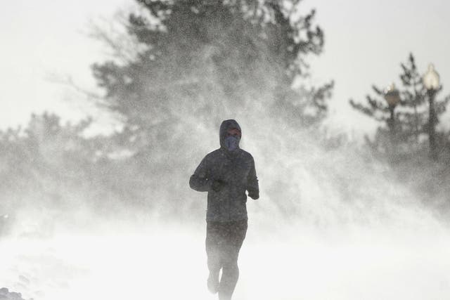 Gusty wind picks up snow as a man jogs around Liberty State Park in Jersey City