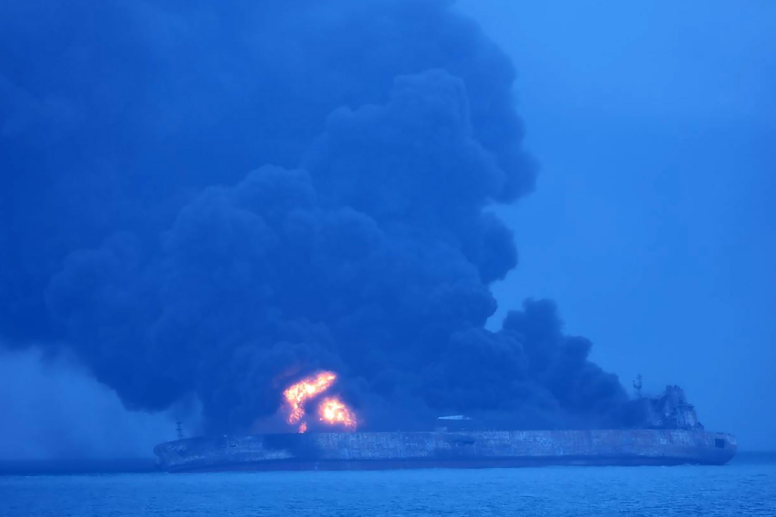 Tanker 'Sanchi' on fire after a collision with a cargo ship at sea