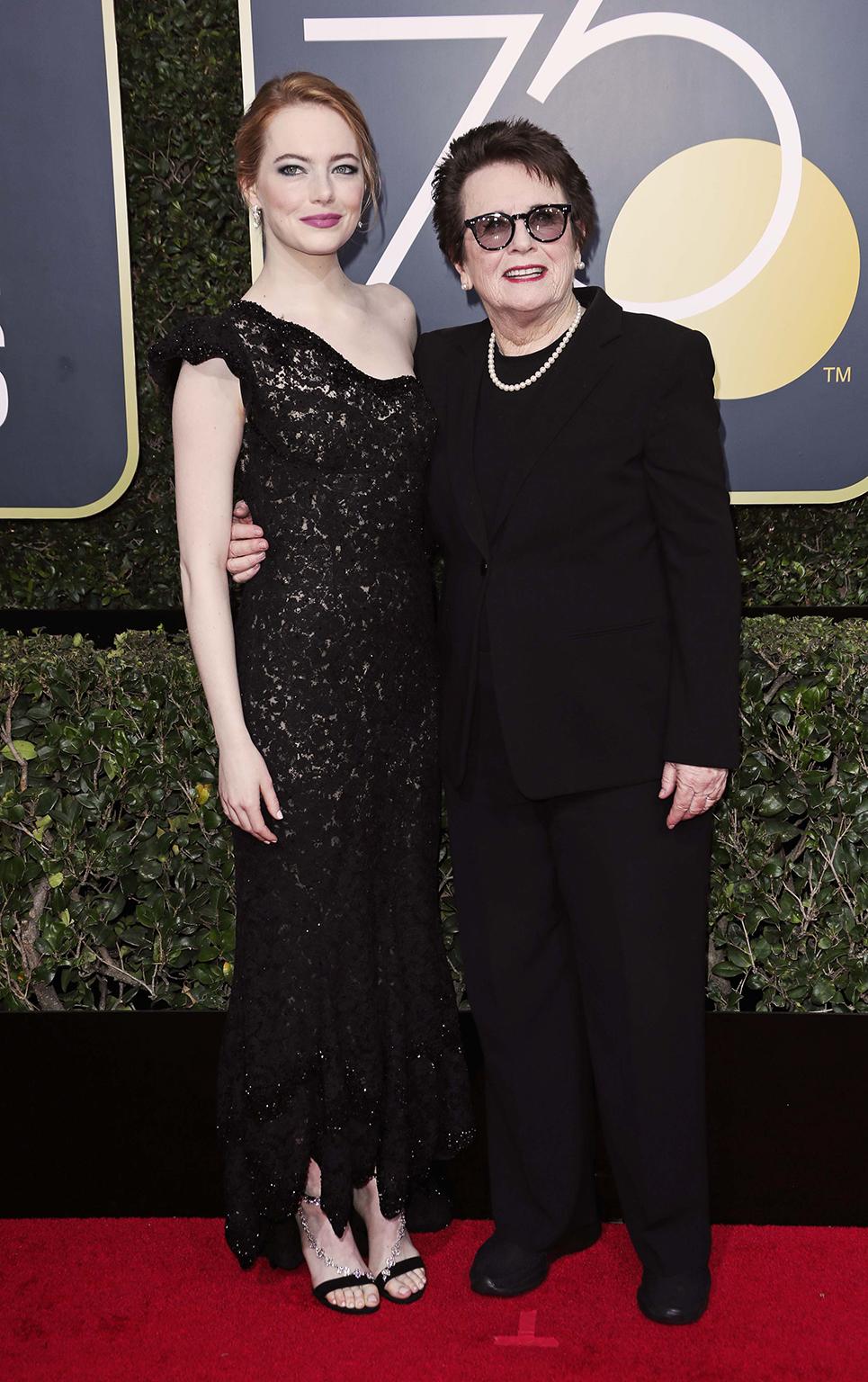 Emma Stone and Billie-Jean King on the red carpet at the Golden Globes (Rex)