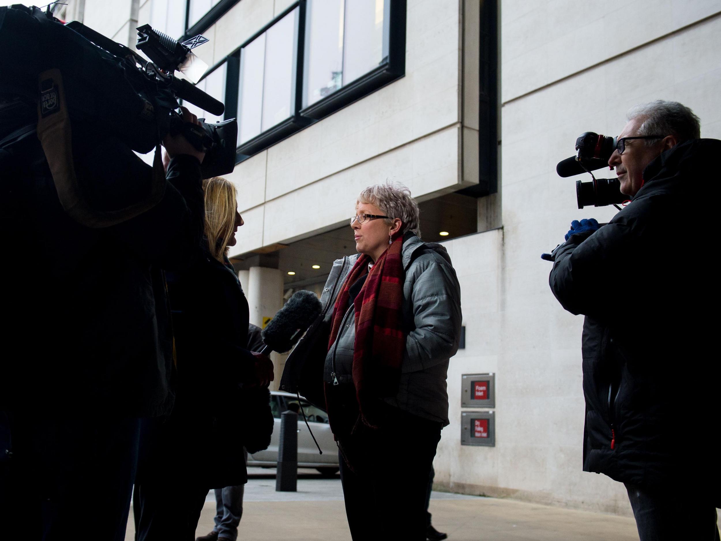 Journalist Carrie Gracie speaks to the media outside the BBC in London after she turned down a £45,000 rise, describing the offer as a ‘botched solution’ to the problem of unequal pay at the BBC