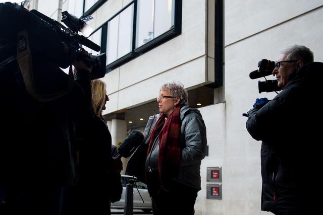 Journalist Carrie Gracie speaks to the media outside the BBC in London after she turned down a £45,000 rise, describing the offer as a ‘botched solution’ to the problem of unequal pay at the BBC