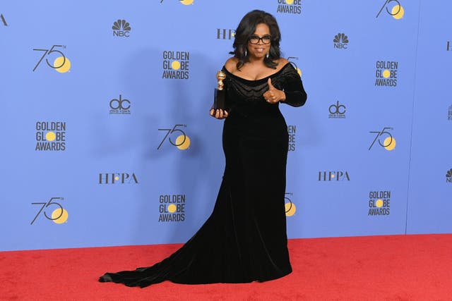 Oprah Winfrey poses with the Cecil B. DeMille Award in the press room during The 75th Annual Golden Globe Awards at The Beverly Hilton Hotel on January 7, 2018 in Beverly Hills, California.