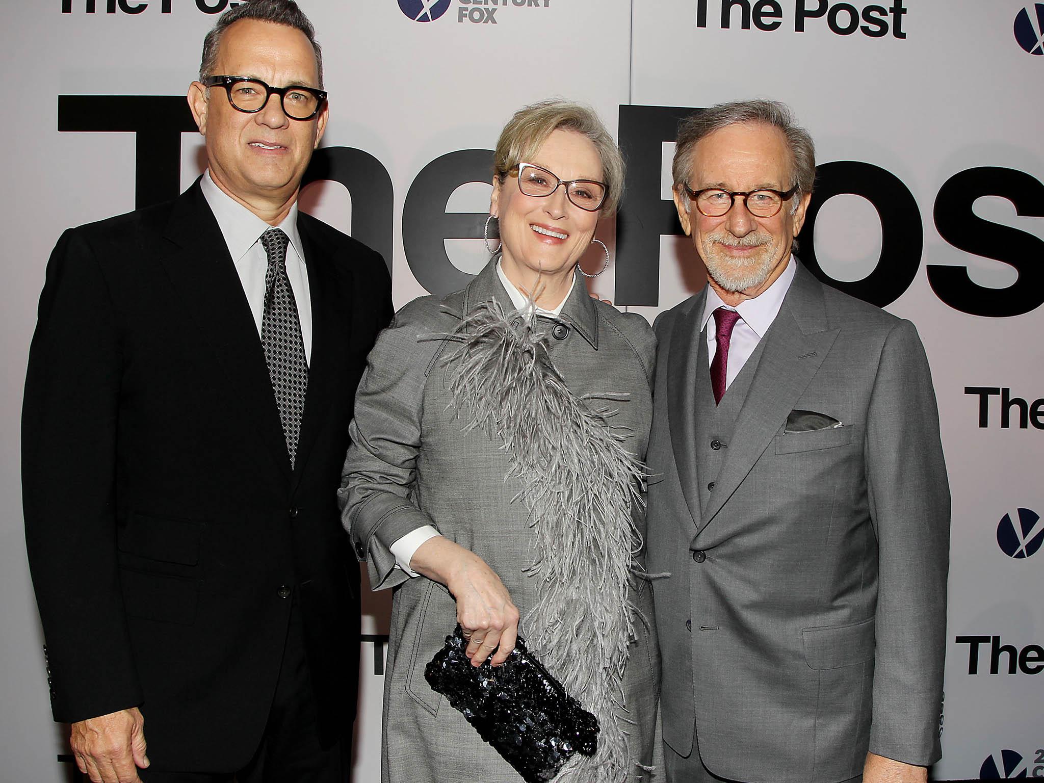 Hanks, Streep and director Steven Spielberg at the world premiere of ‘The Post’ in Washington DC (Rex)