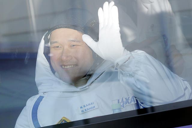 Member of the International Space Station expedition 54/55, Norishige Kanai of the Japan Aerospace Exploration Agency (JAXA) during the send-off ceremony after checking their space suits before the launch of the Soyuz MS-07 spacecraft at the Baikonur cosmodrome, in Kazakhstan, 17 December 2017