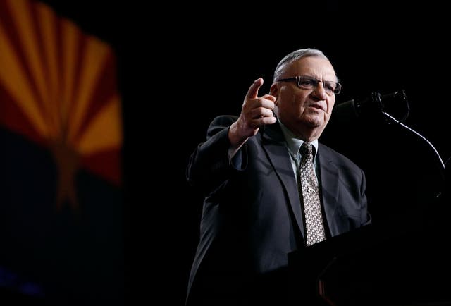 Former Maricopa County Sheriff Joe Arpaio speaks in support of Donald Trump during a Trump campaign rally
