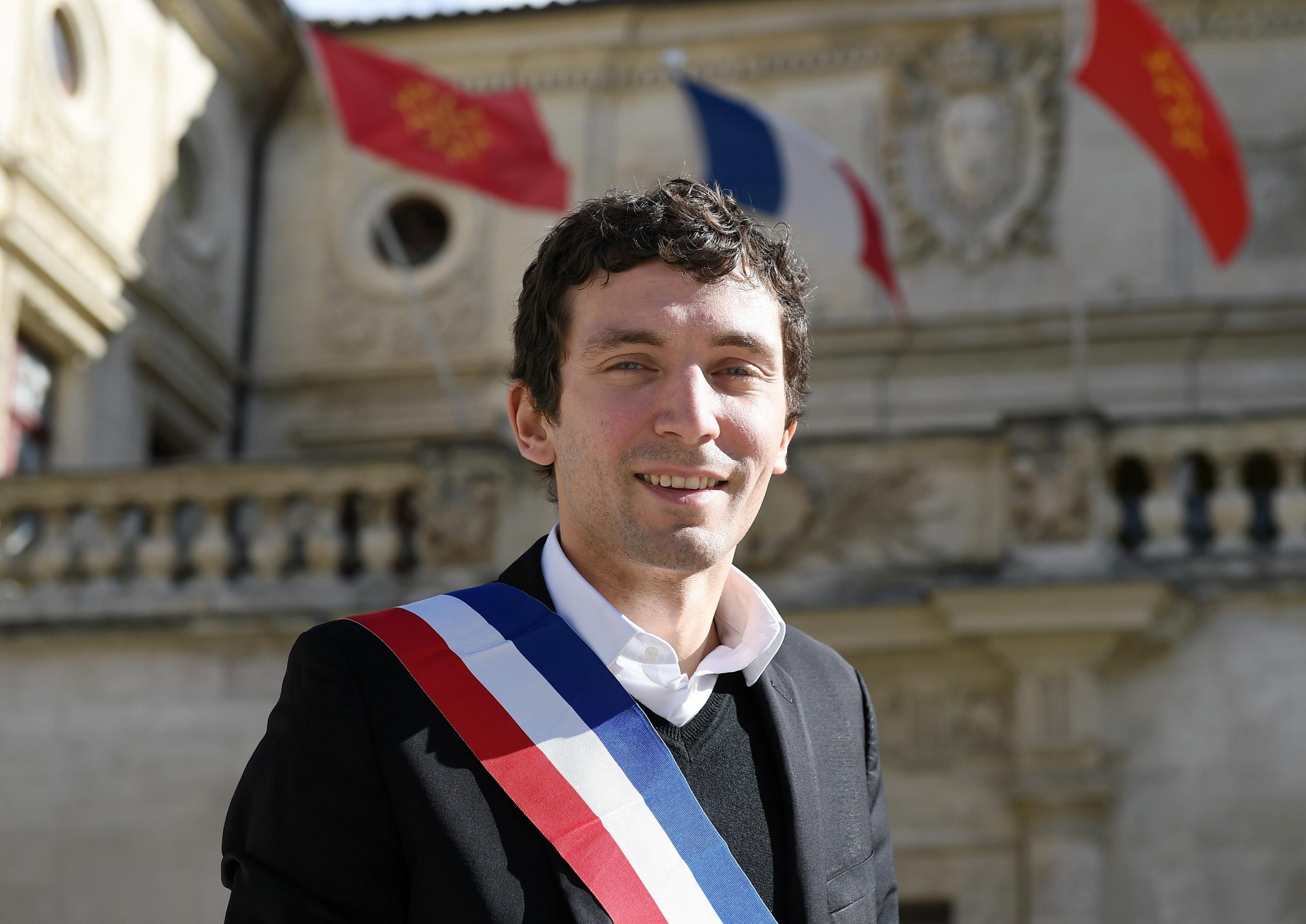 French Front National party mayor of Beaucaire, Julien Sanchez, poses in front of the city hall