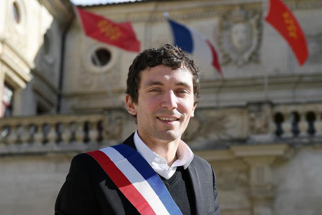 French Front National party mayor of Beaucaire, Julien Sanchez, poses in front of the city hall