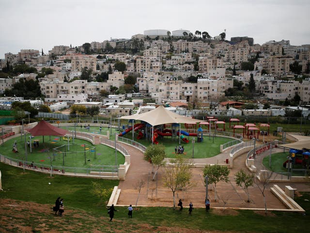 A playground is seen in this general view picture of the Israeli settlement of Modiin Illit in the occupied West Bank, 27 March 2017