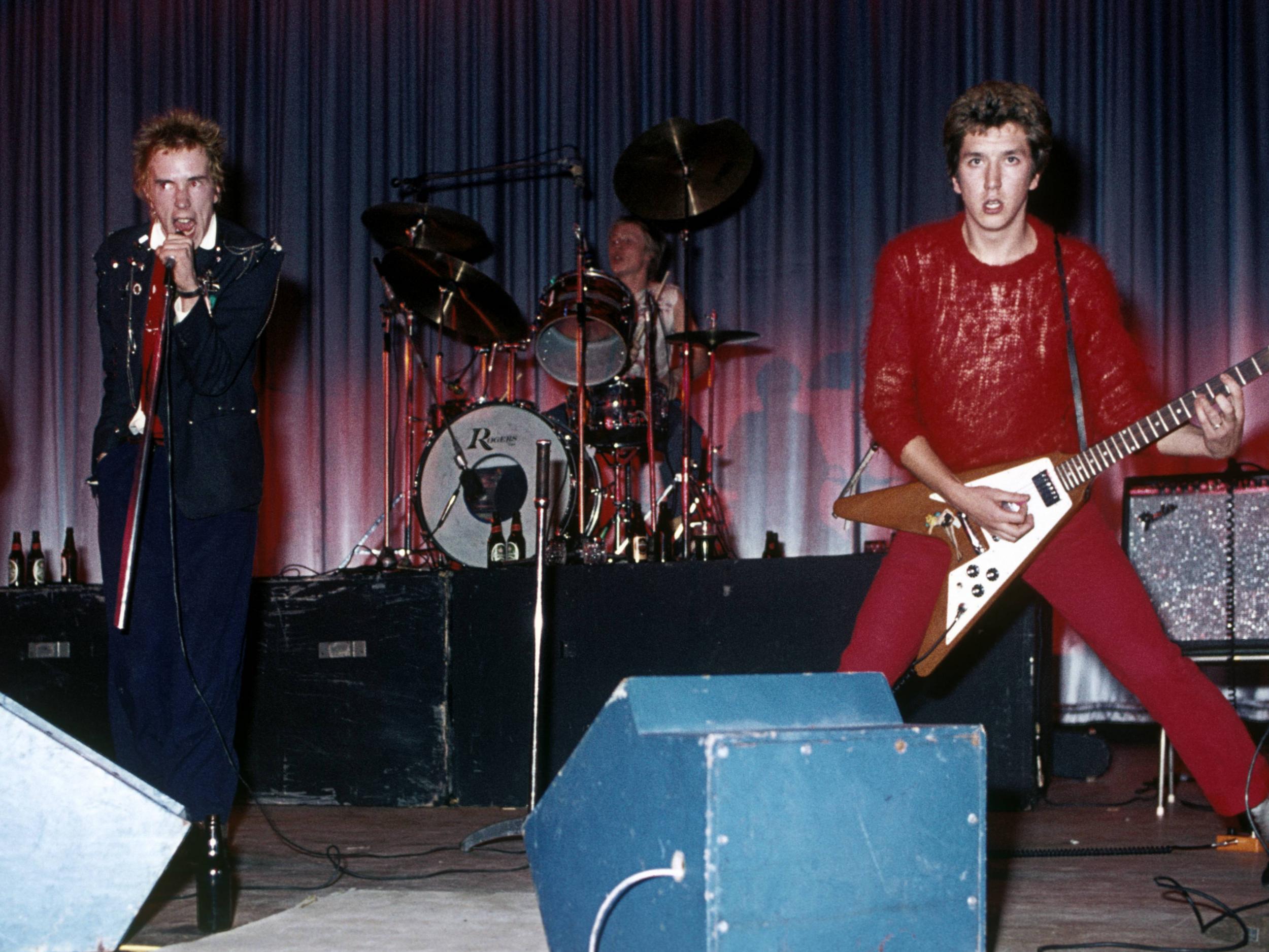 Pistol-packing: (from left) Johnny Rotten, Paul Cook and Steve Jones. Bassist Glen Matlock played on their only official album before being replaced by Sid Vicious