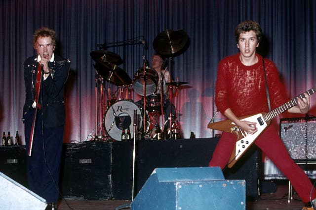 Pistol-packing: (from left) Johnny Rotten, Paul Cook and Steve Jones. Bassist Glen Matlock played on their only official album before being replaced by Sid Vicious