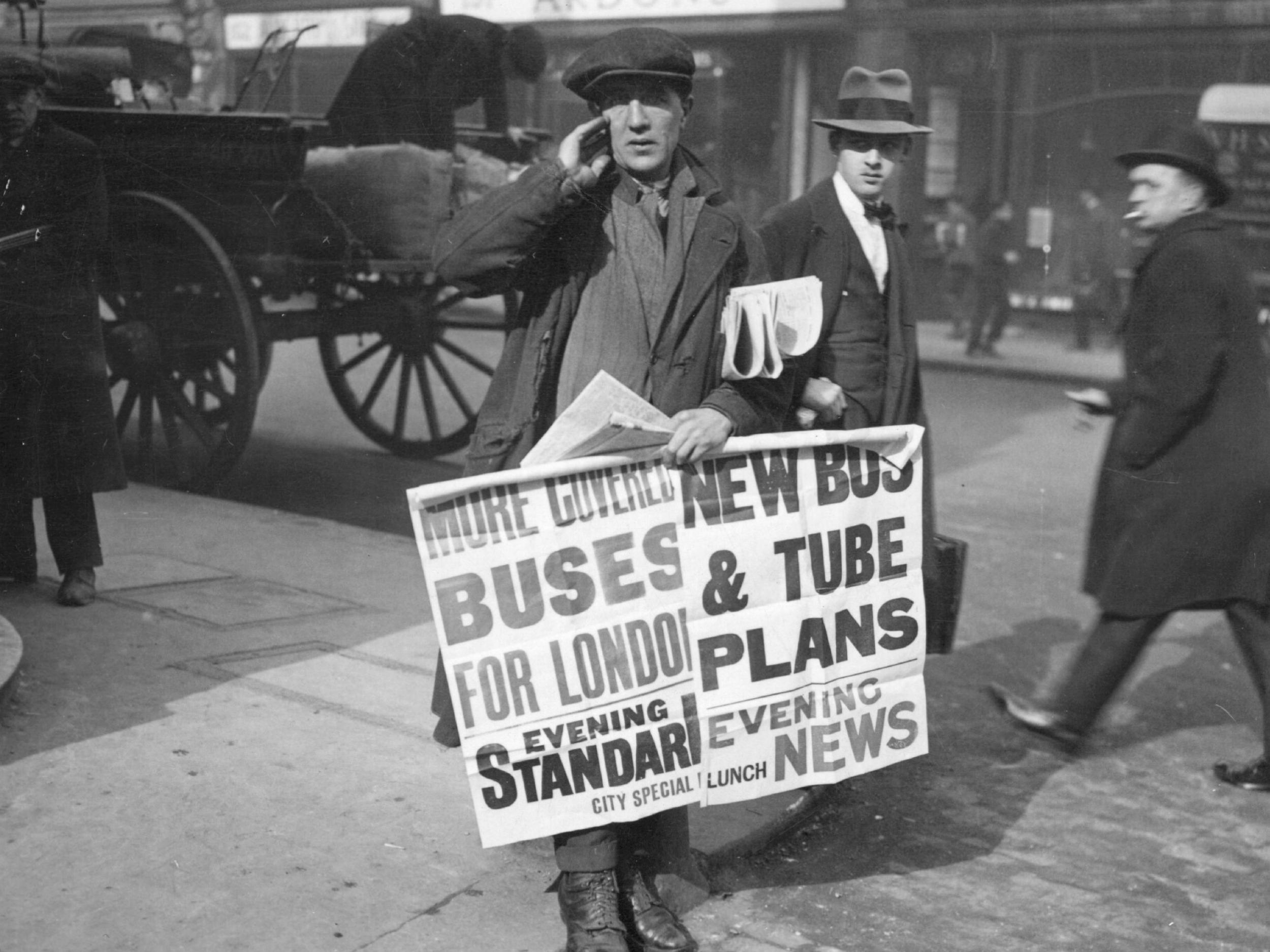&#13;
An Evening Standard seller in London, 1926: almost a century on the local press remains a key media presence&#13;