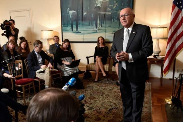 US Ambassador to the Netherlands Peter Hoekstra takes questions from the press on Wednesday