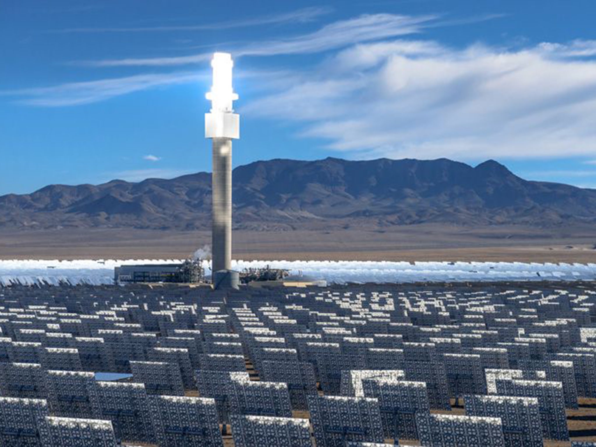 Solar thermal plants developed by US company SolarReserve direct the sun's rays towards a central 'salt battery' that stores energy for later use