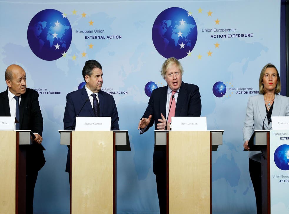Boris Johnson in Brussels with French Foreign Minister Jean-Yves Le Drian, German counterpart Sigmar Gabriel and European Union's foreign policy chief Federica Mogherini after meeting Iran's Foreign Minister Mohammad Javad Zarif