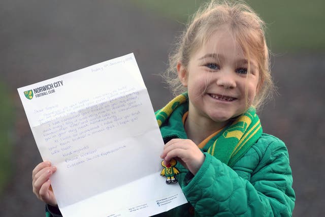 Sophie Hall, 7, received a handwritten letter from Norwich City football club after returning her ticket