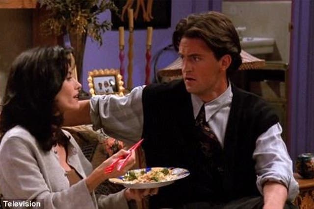 <p>Chandler trying to prove his sexuality to Monica on ‘Friends’ (Wa</p>