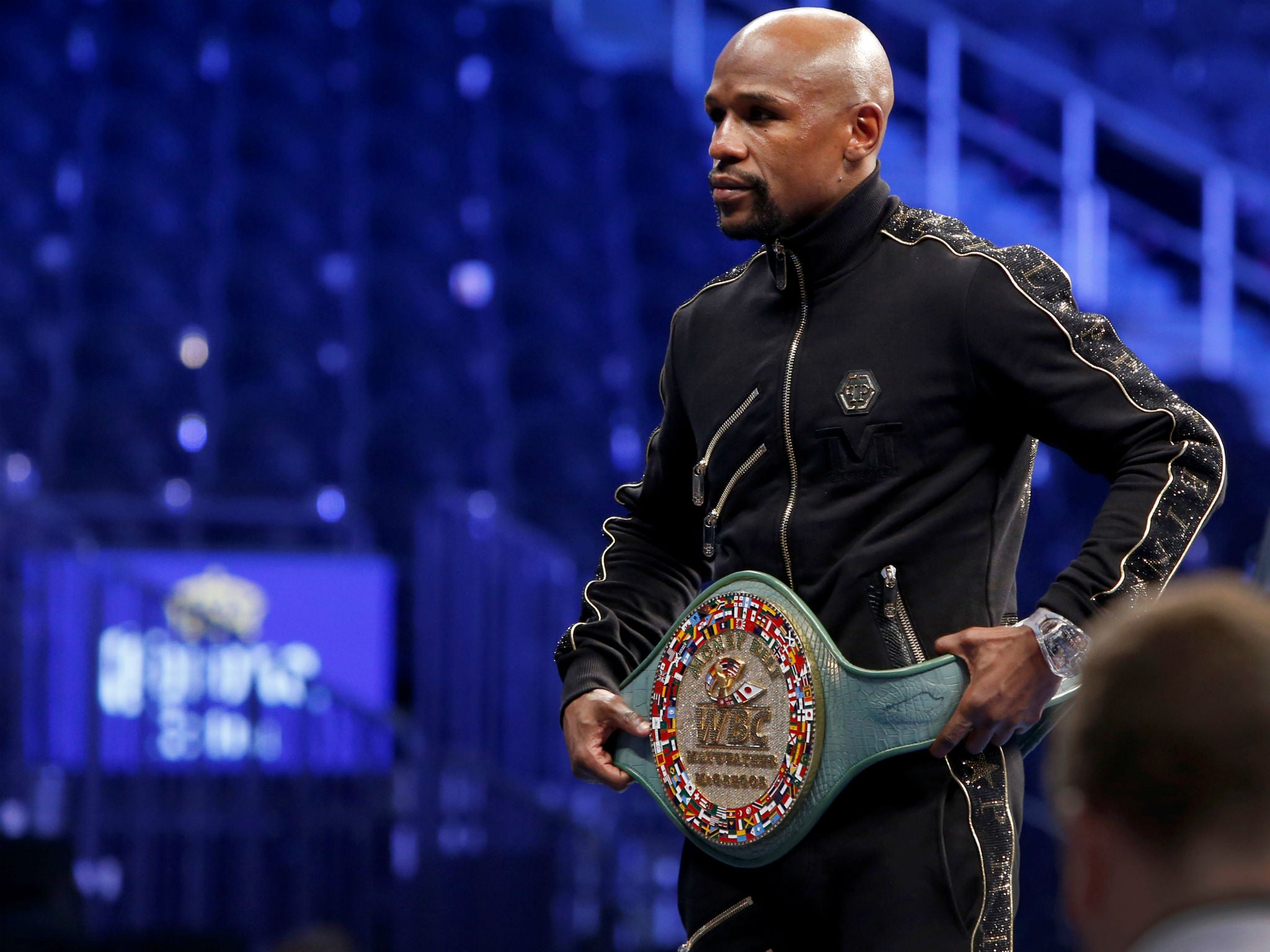 Boxer Floyd Mayweather Jr. during a post-fight news conference at T-Mobile Arena in Las Vegas, Nevada