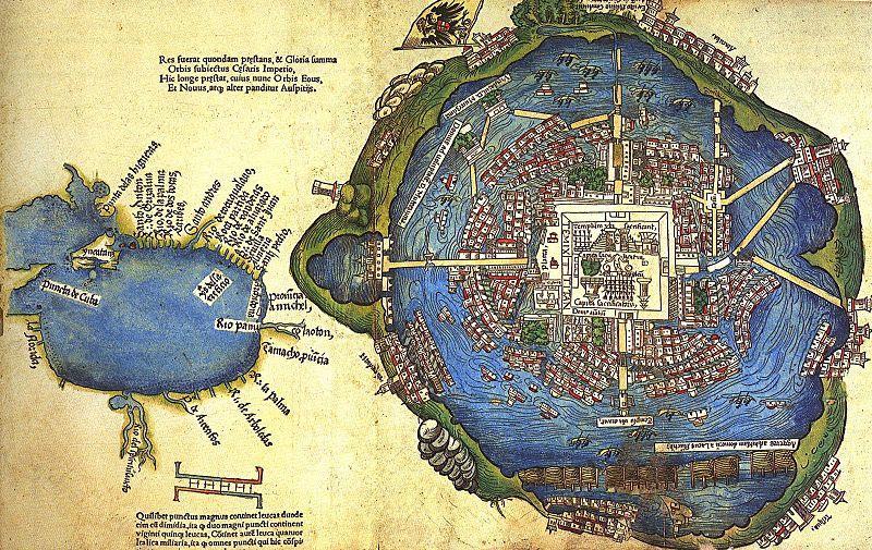 Map of the island city of Tenochtitlan, site of Mexico City, presented to Hernan Cortes circa 1520
