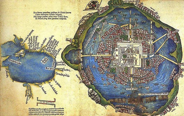 Map of the island city of Tenochtitlan, site of Mexico City, presented to Hernan Cortes circa 1520