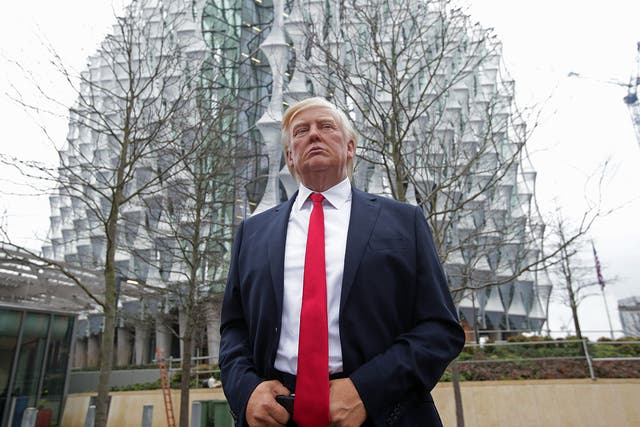 A waxwork of Donald Trump appeared outside of the Battersea embassy on Friday