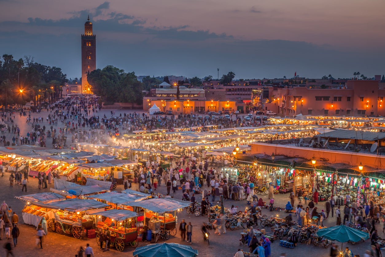 Jemaa el-Fnaa, the famous square and market place, at dusk in Marrakech, Morocco (Getty/iStock)