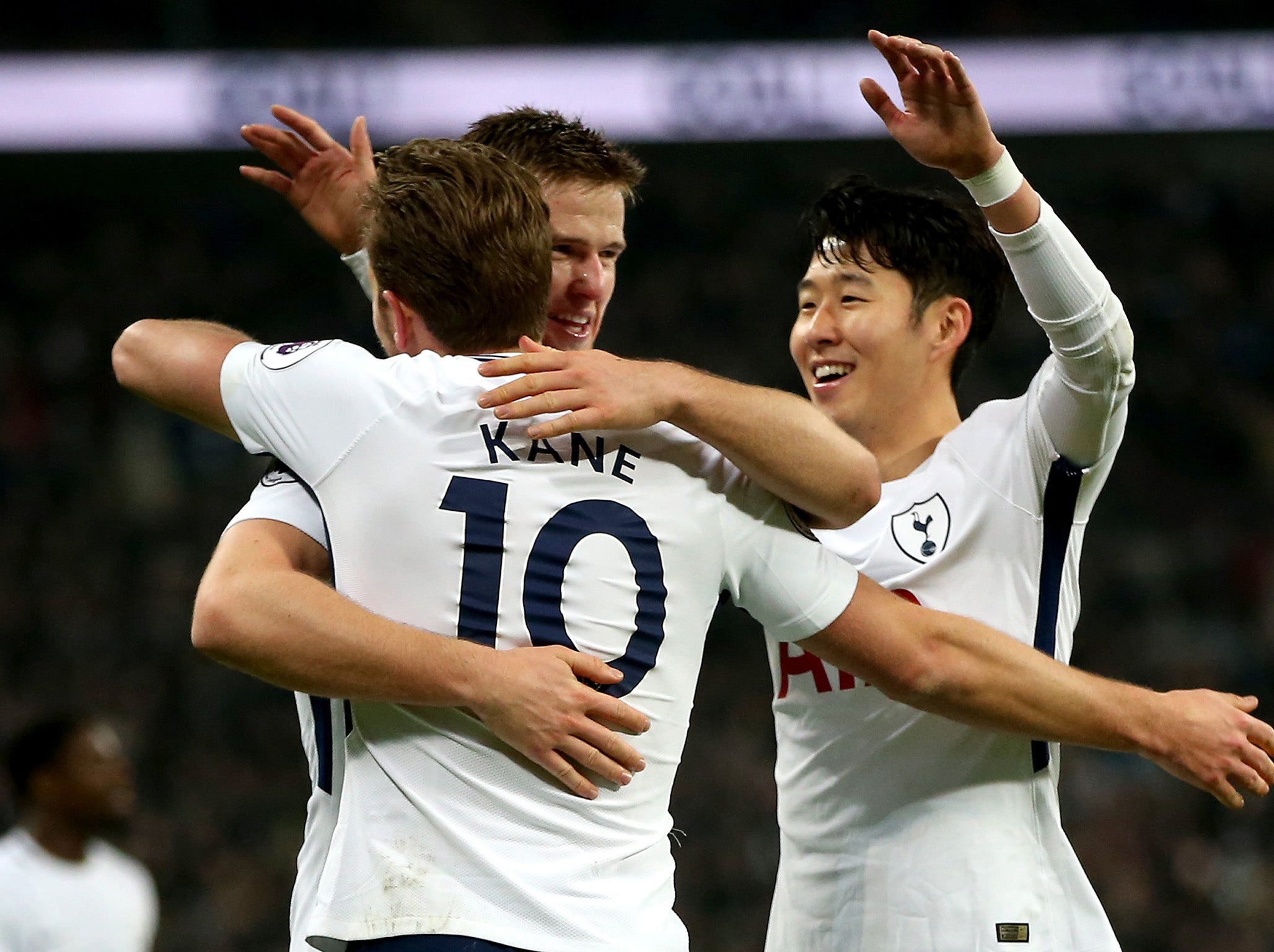Tottenham celebrate after strolling past Everton at Wembley