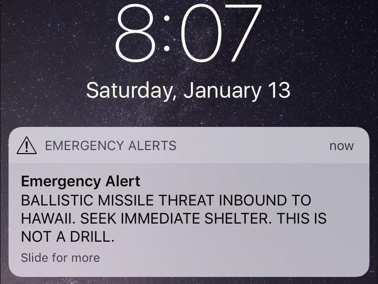 An image of the false-alarm phone alert warning Hawaiians of an incoming ballistic missile