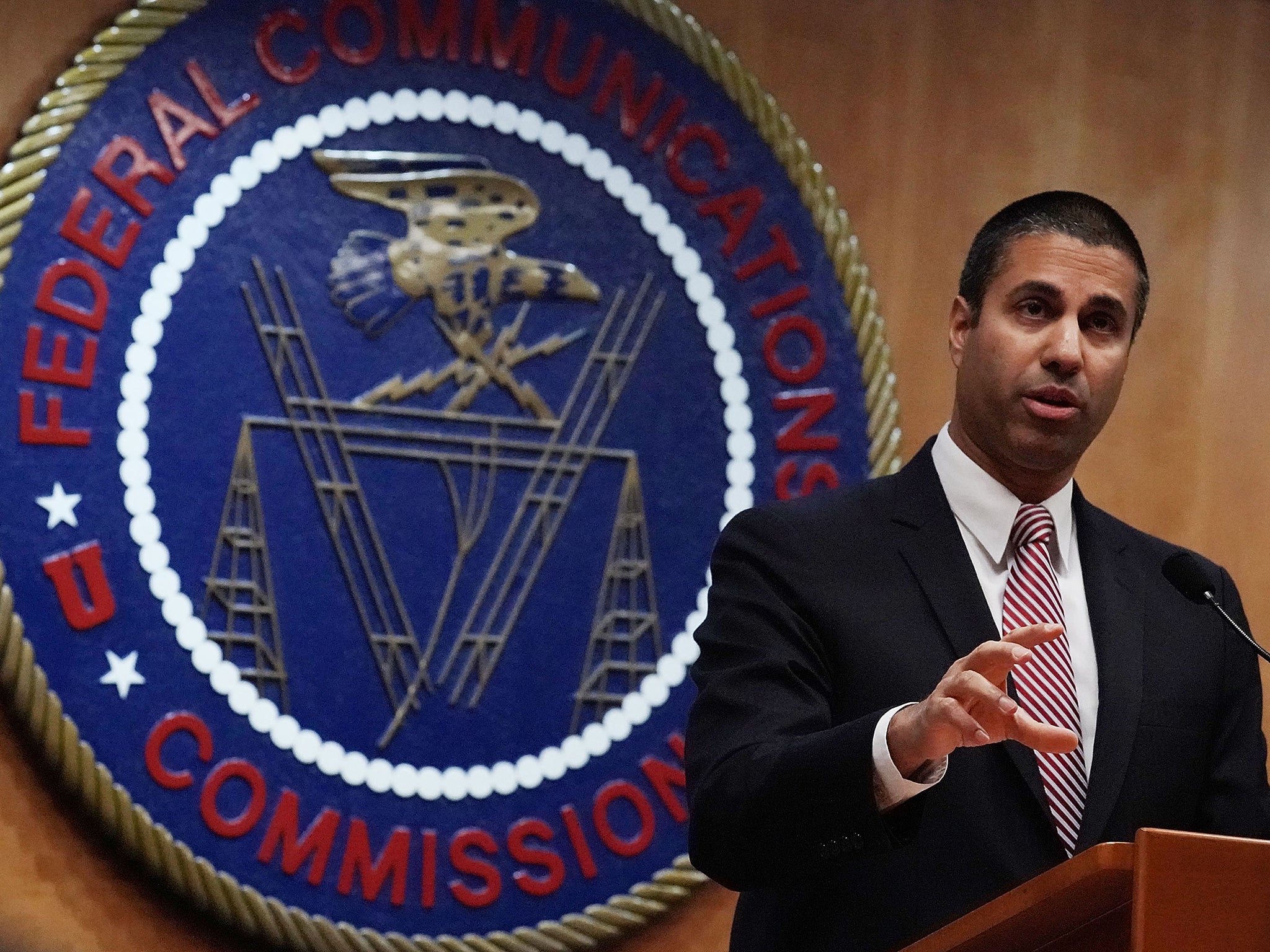 Federal Communications Commission Chairman Ajit Pai speaking to reporters after a meeting in December. Days before the false alert, Mr Pai announced an upgrade and expansion to the wireless emergency alert system.