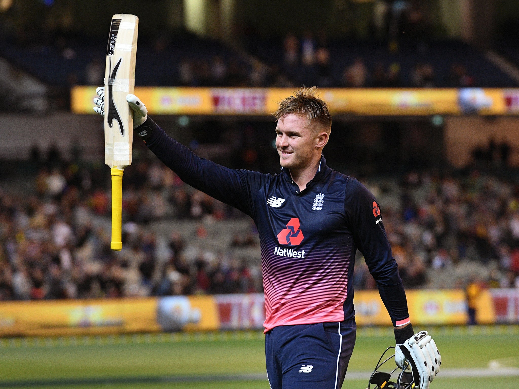 Jason Roy salutes the crowd as he leaves the field having scored 180