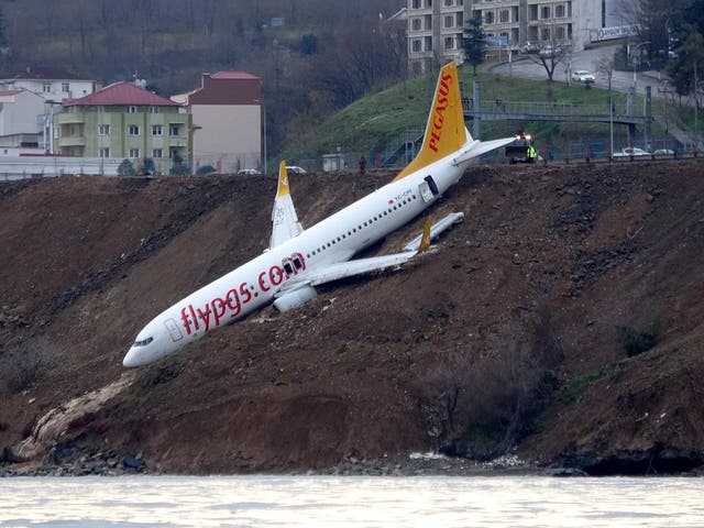 The Boeing 737-800 of Turkey's Pegasus Airlines skidded off the runway downhill towards the sea at the airport in Trabzon