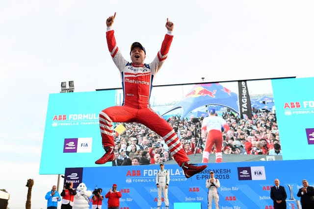 Felix Rosenqvist celebrates winning the Marrakesh E-Prix to take the lead in the Formula E championship
