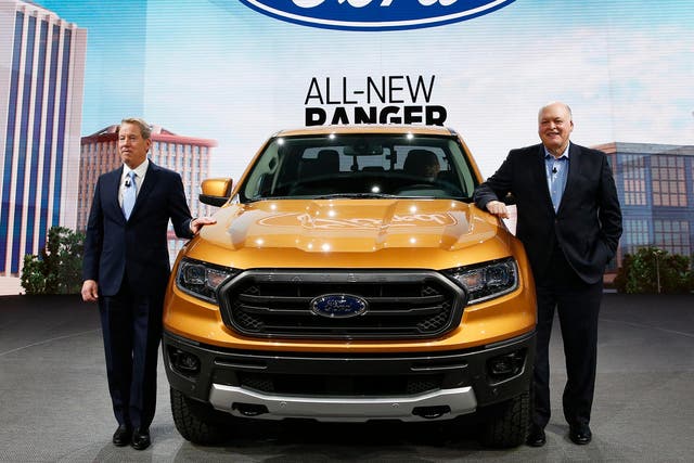 Bill Ford, executive chairman of Ford and Jim Hackett, President and chief executive, present the 2019 Ford Ranger 