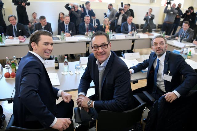 Austrian conservative chancellor Sebastian Kurz, far-right deputy chancellor Heinz Christian Strache, and far-right interior minister Herbert Kickl are in coalition together
