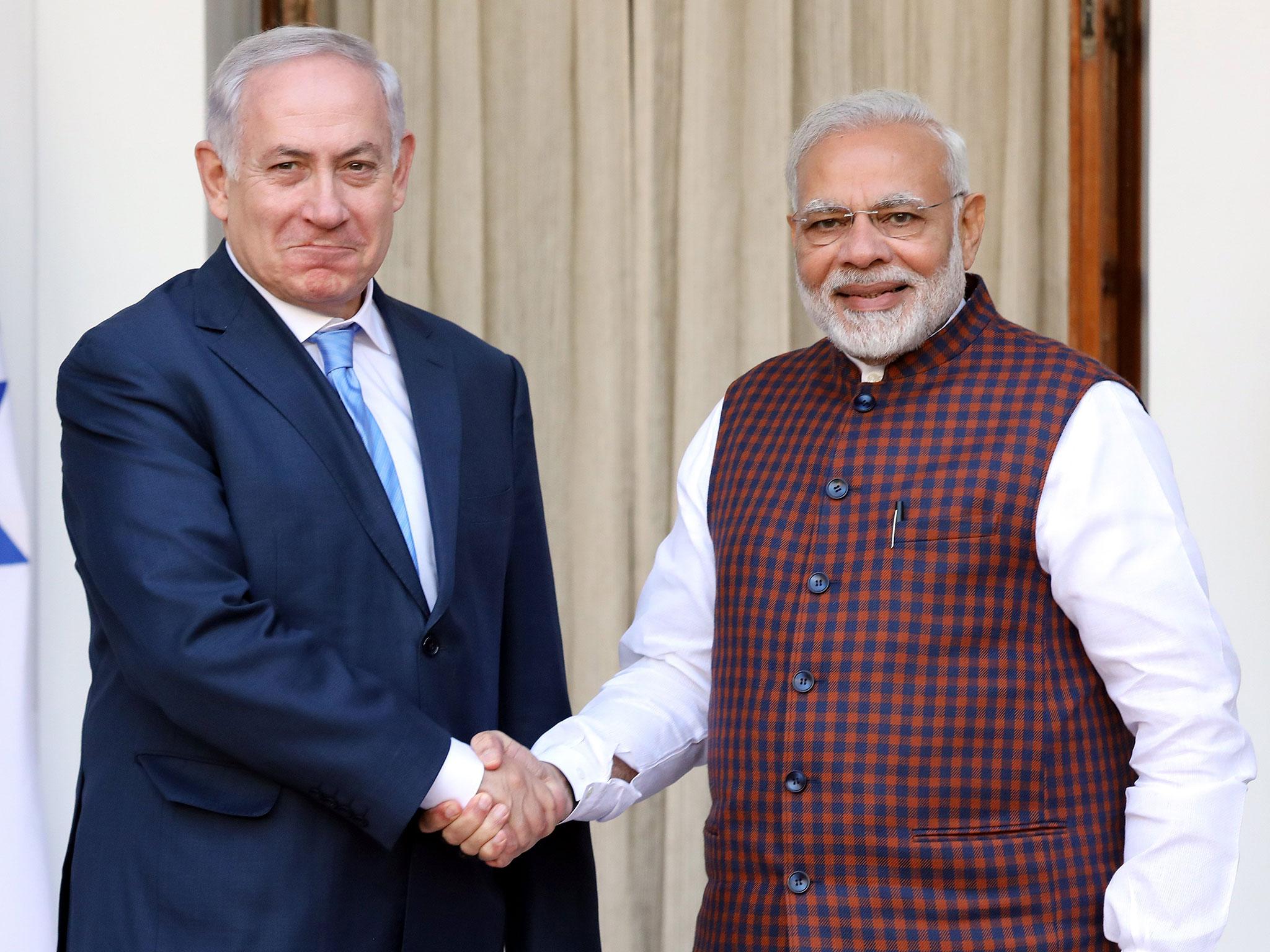 Benjamin Netanyahu was welcomed by Narendra Modi in Hebrew as he arrived in India for a six-day visit