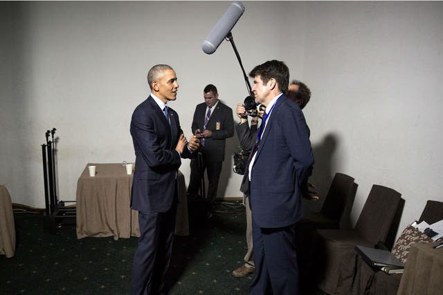 Barack Obama and the director Greg Barker, who filmed the former President and his team on over 20 foreign trips