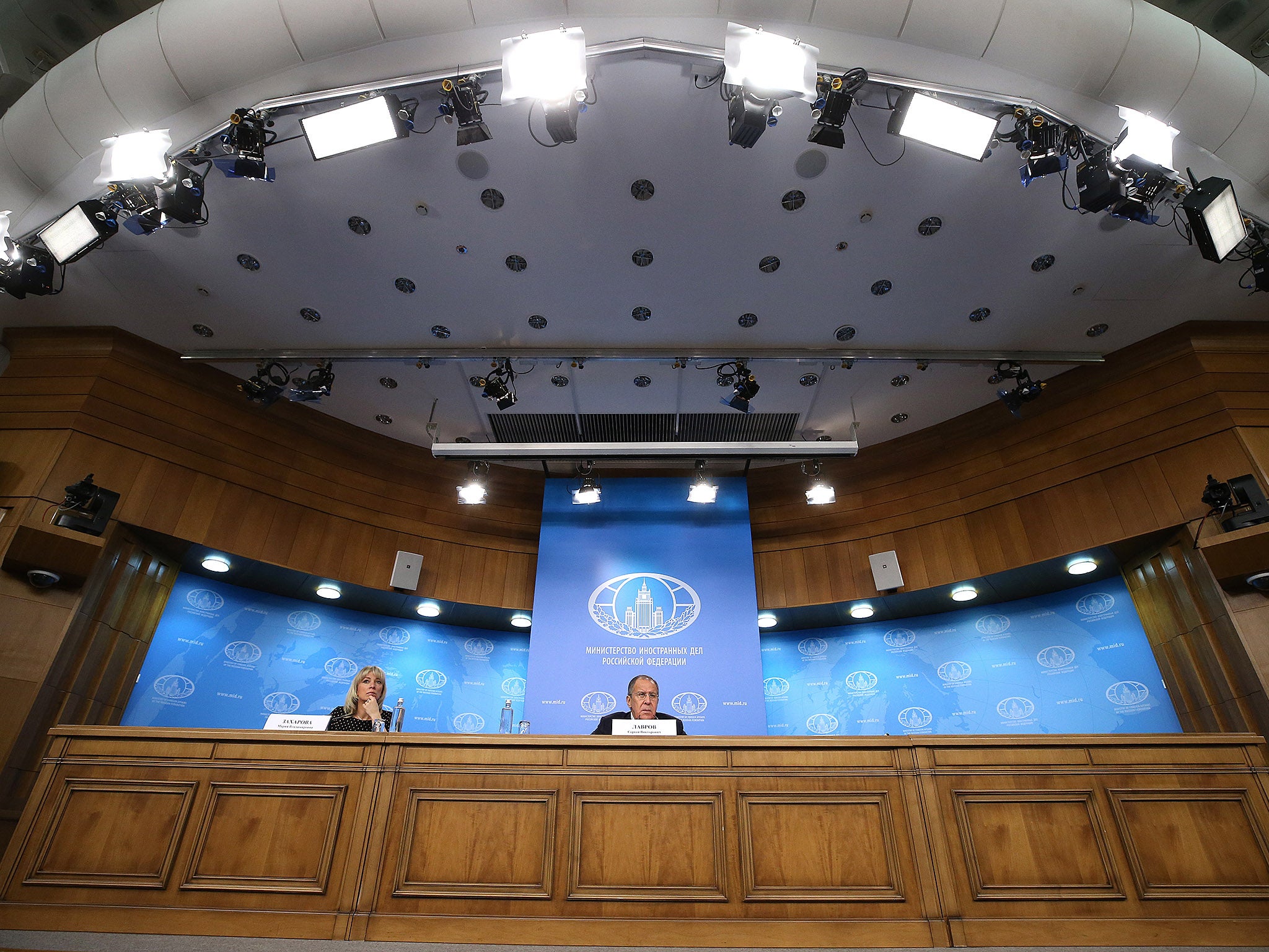 Russian Foreign Ministry spokesperson Maria Zakharova (L) and Russia's Foreign Minister Sergei Lavrov during the press conference