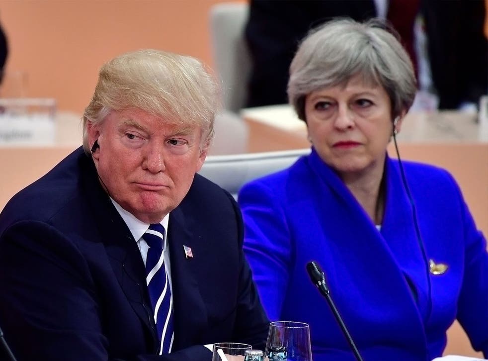 Donald Trump and Theresa May pictured during the first working session of the G20 Nations Summit in Hamburg in July 2017